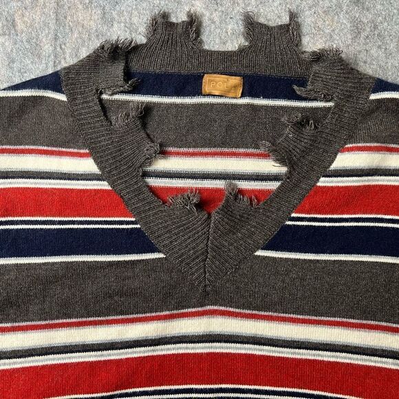 POL Distressed Dropped Shoulder V-Neck Striped Sweater  Grey Red Blue S #123 - Picture 4 of 7